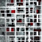 Abstract Gray, White, and Red Textured Squares Grid Artwork