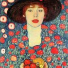 Woman depicted with starry backdrop and colorful, patterned circles reminiscent of Klimt.