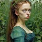 Portrait of woman with auburn hair and pale skin against vibrant swirling background.