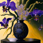 Detailed painting: Black ornate vase, purple and white flowers on yellow and green gradient.