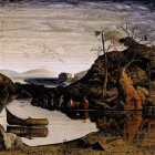 Surreal landscape with figures, tree, clouds, and boat reflection