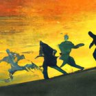 Running silhouettes against orange-yellow backdrop with bright circular object and dark skyline.