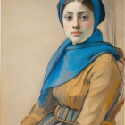 Digital artwork: Young woman in classical attire with braided hairstyle and blue fur stole