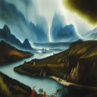 Scenic landscape painting with lightning, mountains, lake, river, forests, and boat