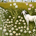 Colorful painting of white deer surrounded by flowers on green background