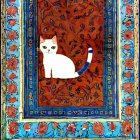 White Cat on Red Oriental Rug with Blue and Floral Borders