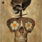 Surreal Artwork: Human and Skull Faces on Floral Background