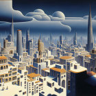 Surreal cityscape painting with repetitive patterns and futuristic skyscrapers