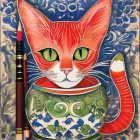 Colorful illustration of orange tabby cat in floral hat peeking from porcelain bowl