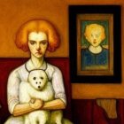 Surreal artwork merges Mona Lisa with woman and dog on golden backdrop