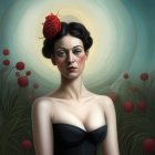 Portrait of woman with dark hair in halo headpiece, surrounded by roses, wearing sheer black top.