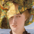 Ornate gold headdress and pearl embellishments on a woman's portrait