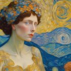 Woman in floral headpiece in Van Gogh-inspired setting with swirling yellow and blue backdrop.