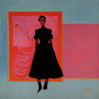 Abstract painting: Woman in black attire on red backdrop with pink section