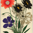 Vintage-style illustration featuring orange gerbera, dark purple pansies, black pansies, and beige