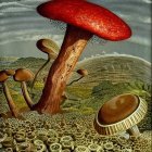 Surreal illustration of giant red-capped mushroom in detailed fantasy landscape