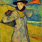 Stylized portrait of a woman in vintage attire with parasol in vibrant post-impressionist landscape