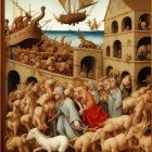 Biblical scene painting with diverse characters, animals, and buildings in layered composition