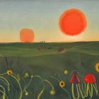 Surreal painting of oversized red sun setting over tranquil green field