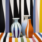 Reflective vases on striped surface with multicolored background.