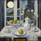 Classic Still Life Painting with Fruits and Moonlit Night View