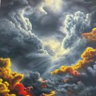 Golden-lit clouds with sunbeams in dramatic painting