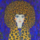 Portrait of Woman with Pale Skin and Red Lips in Golden Headdress on Blue Background