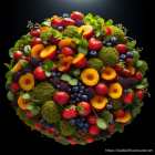 Colorful spherical bouquet of assorted flowers and plants on dark background