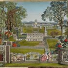 Symmetrical mansion illustration with gardens, topiaries, deer, and serene sky