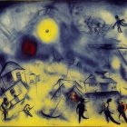 Surreal village painting with stormy sky and yellow eye