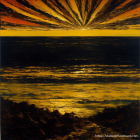 Radiant sunburst over starlit sea with fiery sky and dark shoreline