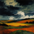 Vivid painting of turbulent sky over serene landscape