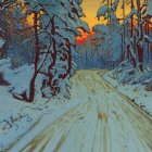 Snow-covered Ground and Bare Trees in Vibrant Winter Sunset