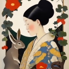 Woman in floral kimono with hare and hummingbird against arched backdrop