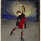 Stylized painting of girl ice-skating under a large moon in wintry village