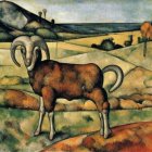 Brown and White Ram Painting on Vibrant Landscape with River