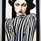 Monochrome portrait of woman with red lips, striped garment, and wide-brimmed hat