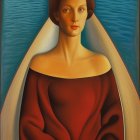 Stylized portrait of woman with elongated neck in red cloak on blue background