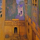 Surreal painting of intricate building against cliff backdrop