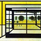 Stylized painting of room with large windows and surreal garden view