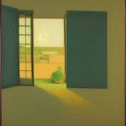 Stylized painting of room with open door to coastal landscape