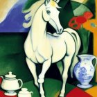 Colorful painting: White horse, sunflower, flowers, blue floral teapots