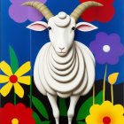 Surreal white ram with large horns in vibrant floral setting