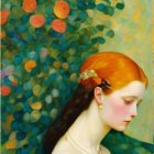 Profile view painting of woman with red hair and floral accessory in blue and orange flower background