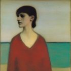 Woman in Red Cloak against Coastal Background