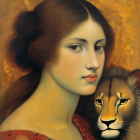 Classic Painting: Woman with Porcelain Skin and Lion in Golden Background