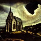 Surreal gothic church painting with crescent moon & star-filled sky