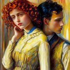 Digital artwork blending classical portraiture with modern elements of a woman and man with intricate hairstyles and period