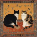 Stylized cats with unique markings on floral-patterned rug