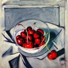 Realistic painting of shiny red cherries in glass bowl on white surface